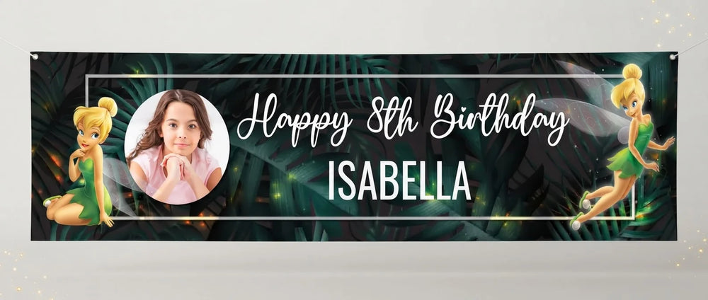 Personalised Tinker Bell Birthday Banner displayed against a plain studio background