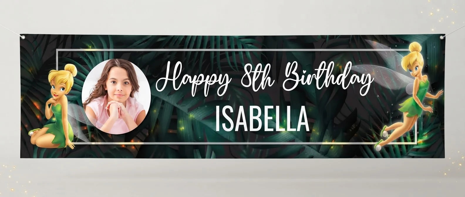 Personalised Tinker Bell Birthday Banner displayed against a plain studio background
