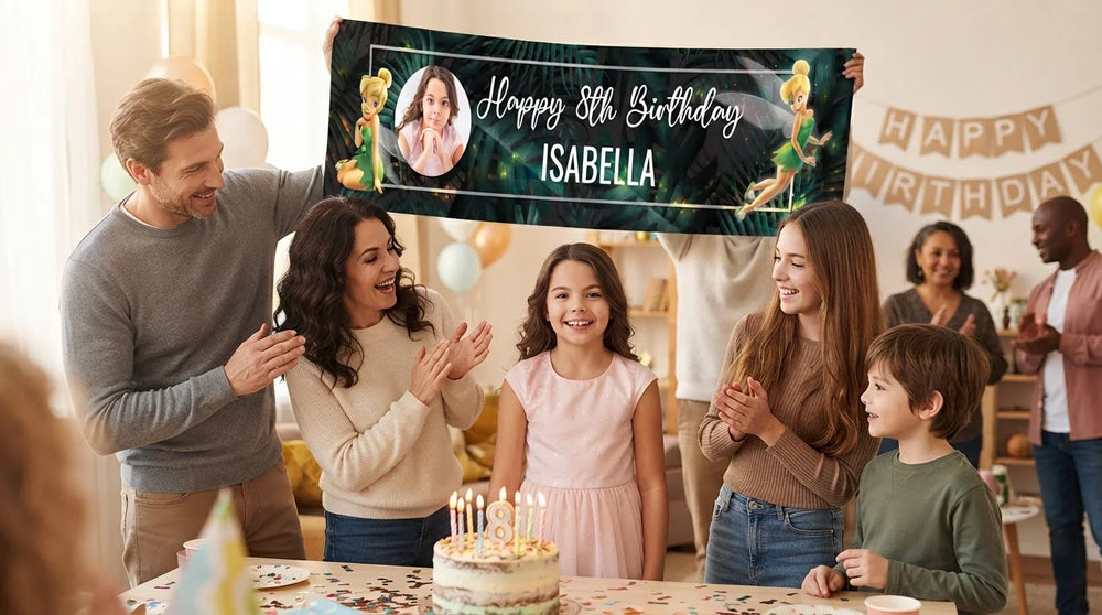 Friends and family celebrating with the personalised Tinker Bell Birthday Banner