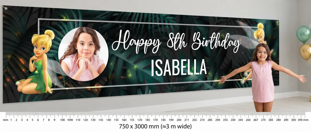 Person standing beside the Tinker Bell Birthday Banner for scale, with size guide showing 750 x 3000 mm