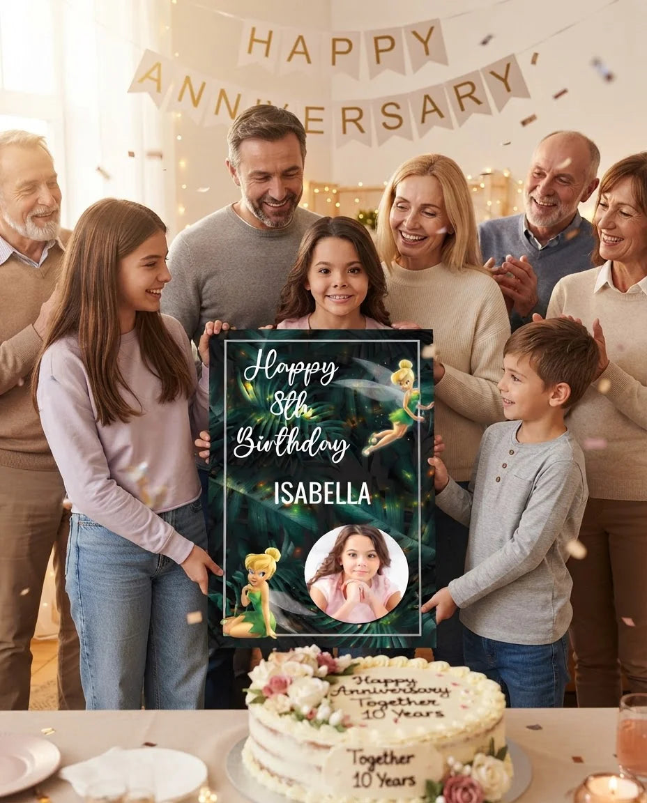Friends and family celebrating with the personalised Tinkerbell Mega Card