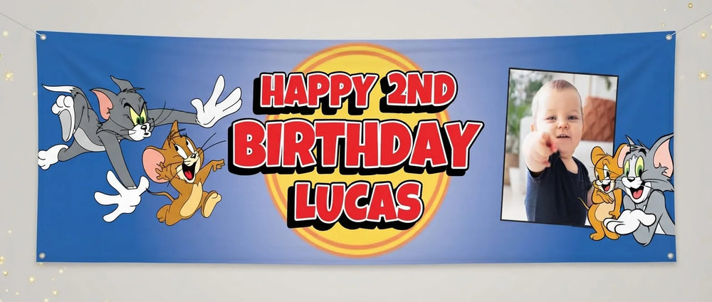 Personalised Tom and Jerry Birthday Banner displayed against a plain studio background