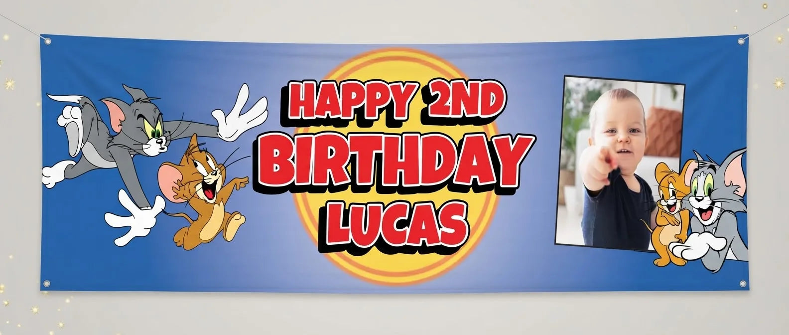 Personalised Tom and Jerry Birthday Banner displayed against a plain studio background