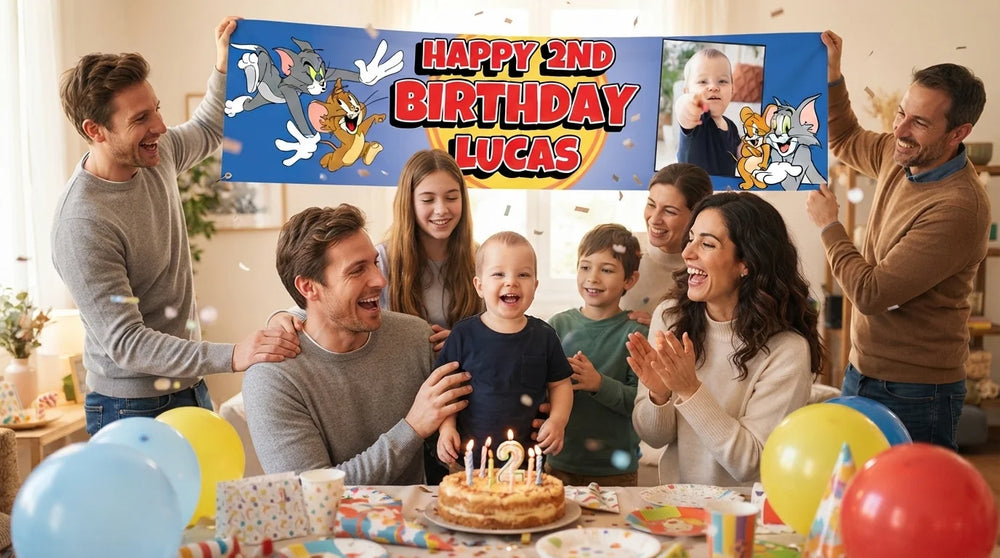 Friends and family celebrating with the personalised Tom and Jerry Birthday Banner
