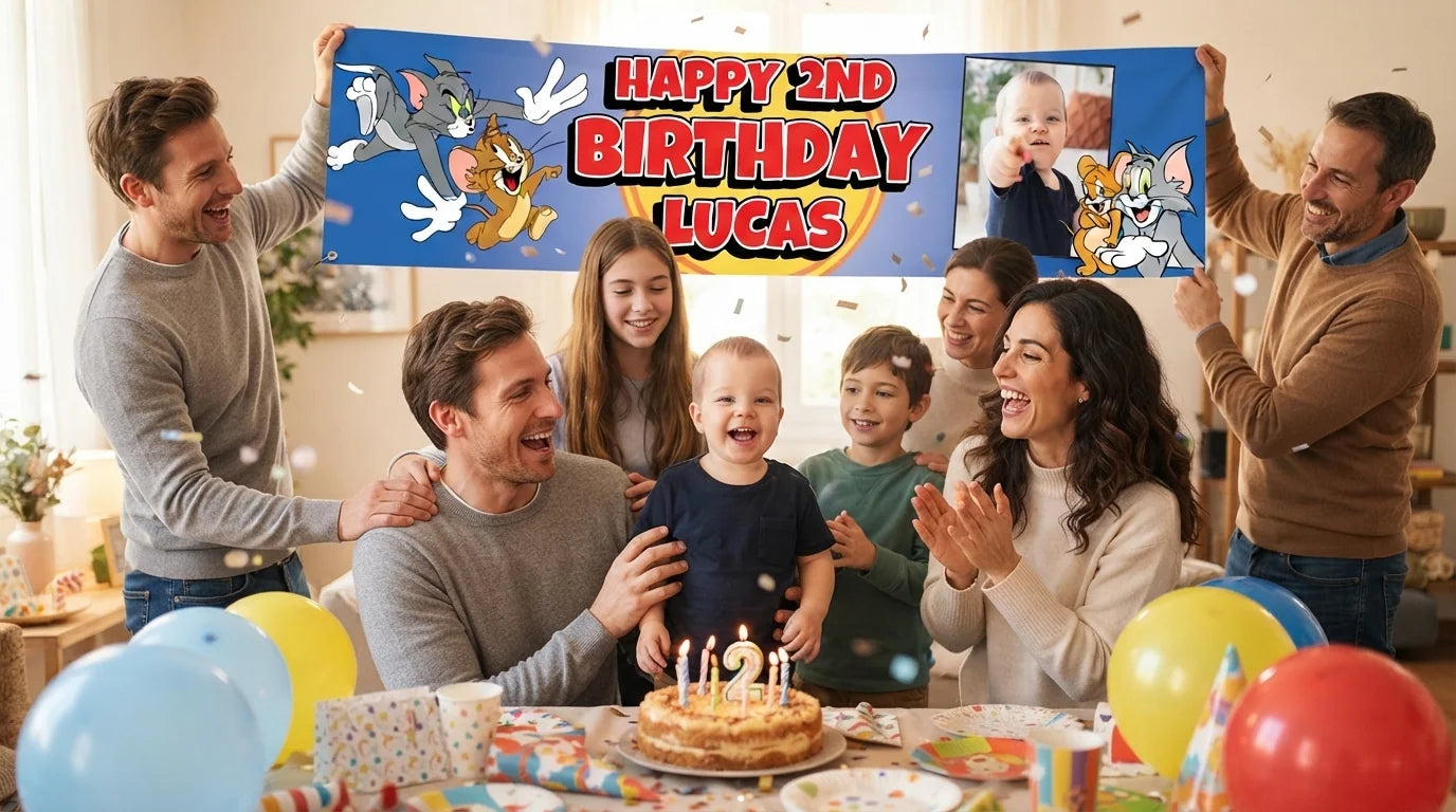 Friends and family celebrating with the personalised Tom and Jerry Birthday Banner