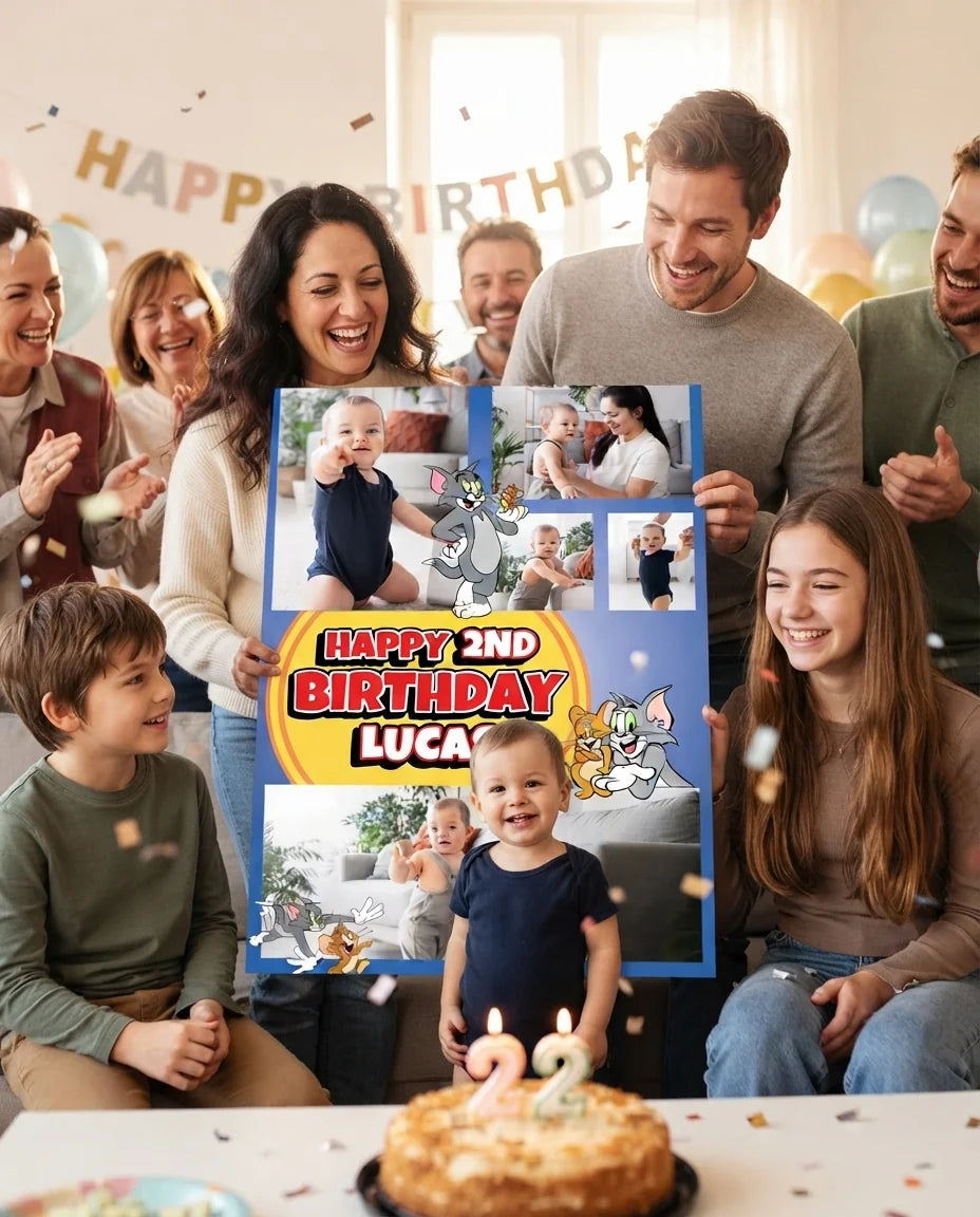 Friends and family celebrating with the personalised Tom and Jerry Mega Card