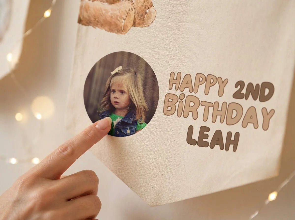 Close-up of the personalised name and photo printed on the Too Cute To Bear Birthday Party Banner