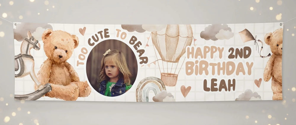 Personalised Too Cute To Bear Birthday Party Banner displayed against a plain studio background