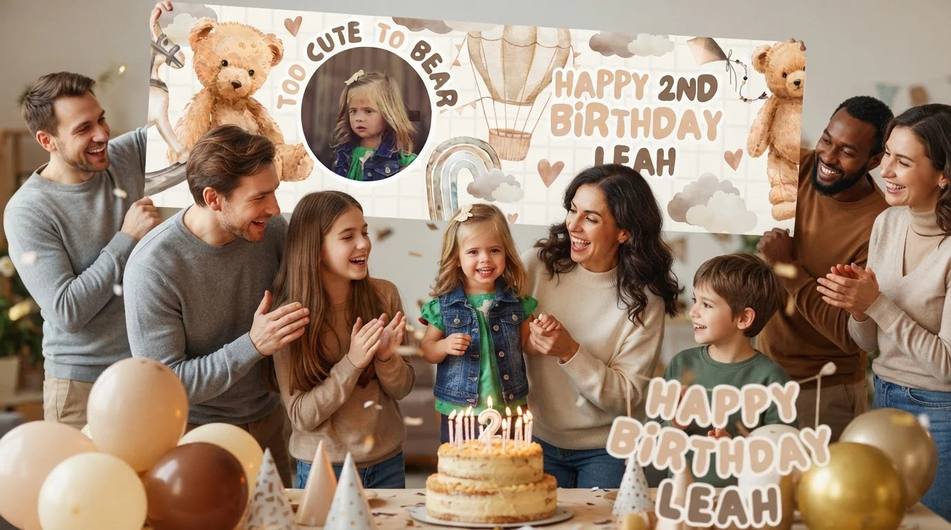 Friends and family celebrating with the personalised Too Cute To Bear Birthday Party Banner
