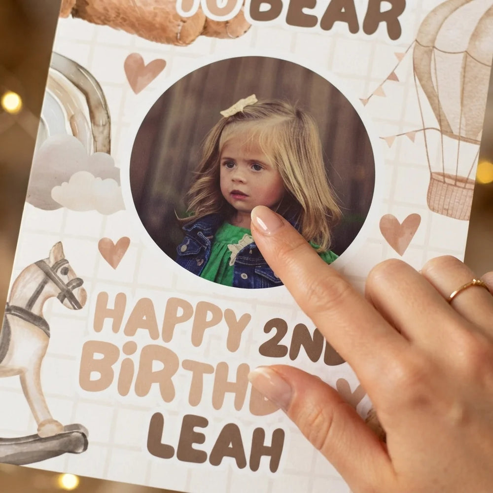 Close-up of the personalised name and photo printed on the Too Cute To Bear Birthday Party Mega Card