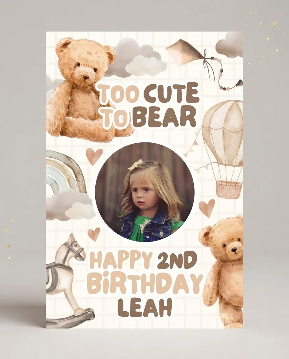 Personalised Too Cute To Bear Birthday Party Mega Card displayed against a plain studio background