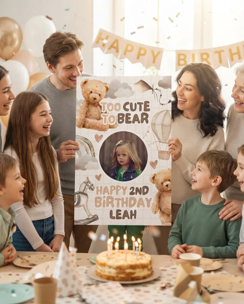 Friends and family celebrating with the personalised Too Cute To Bear Birthday Party Mega Card