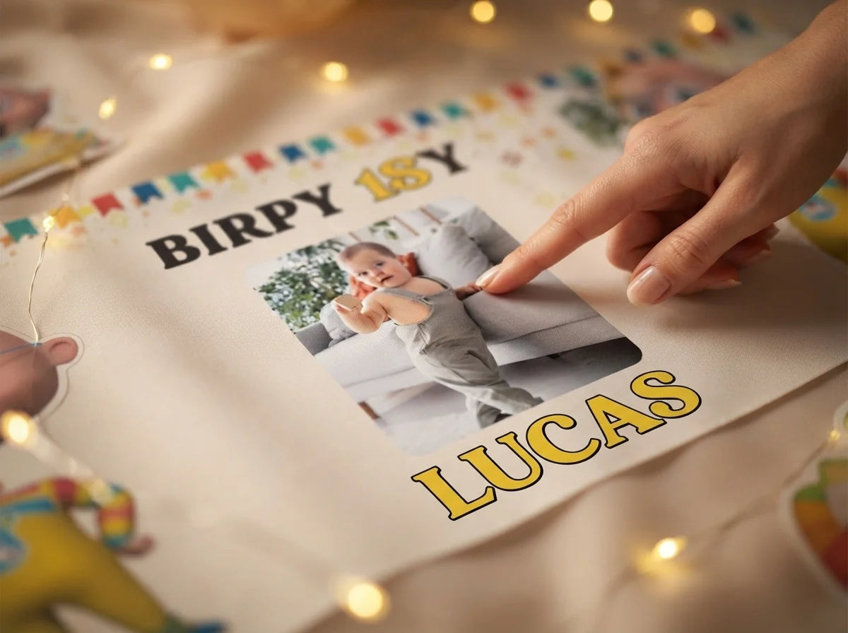 Close-up of the personalised name and photo printed on the Tootoo Boy Birthday Banner