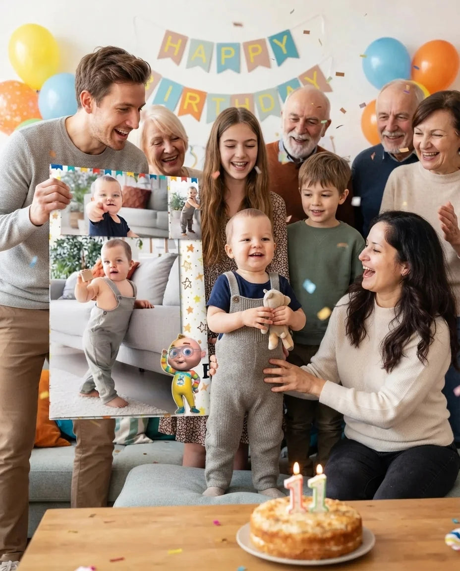 Friends and family celebrating with the personalised Tootoo Boy Mega Card