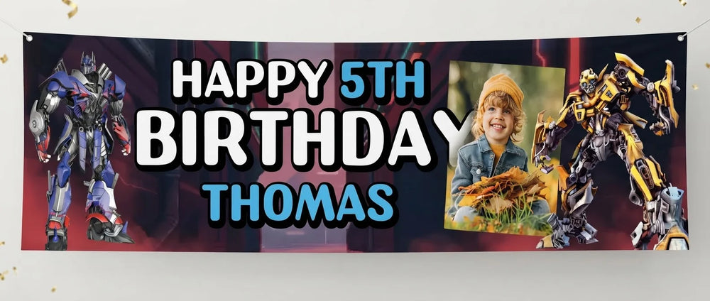 Personalised Transformers Birthday Banner displayed against a plain studio background