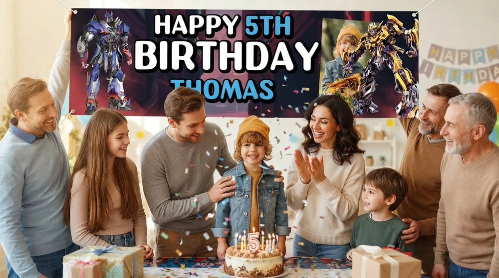 Friends and family celebrating with the personalised Transformers Birthday Banner