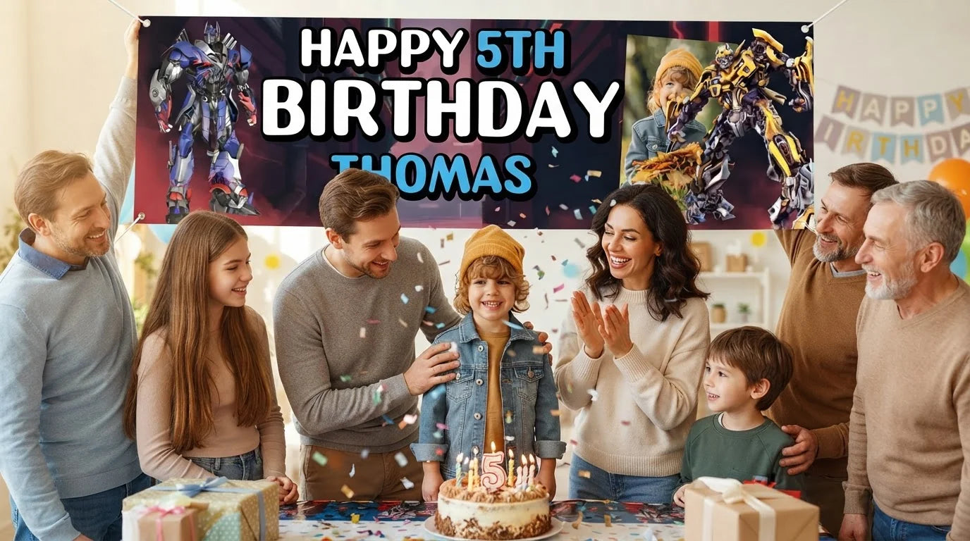 Friends and family celebrating with the personalised Transformers Birthday Banner