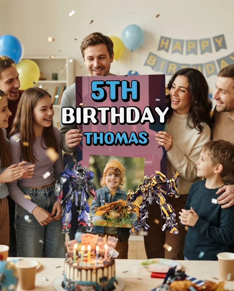 Friends and family celebrating with the personalised Transformers Mega Card