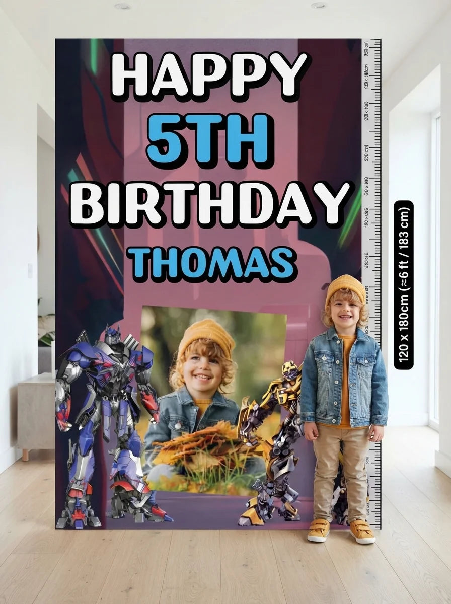 Person standing beside the Transformers Mega Card for scale in a size guide