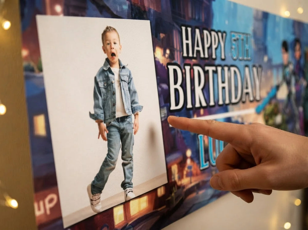 Close-up of the personalised name and photo printed on the Troll Hunters Birthday Banner
