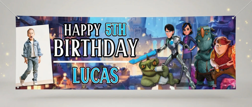Personalised Troll Hunters Birthday Banner displayed against a plain studio background