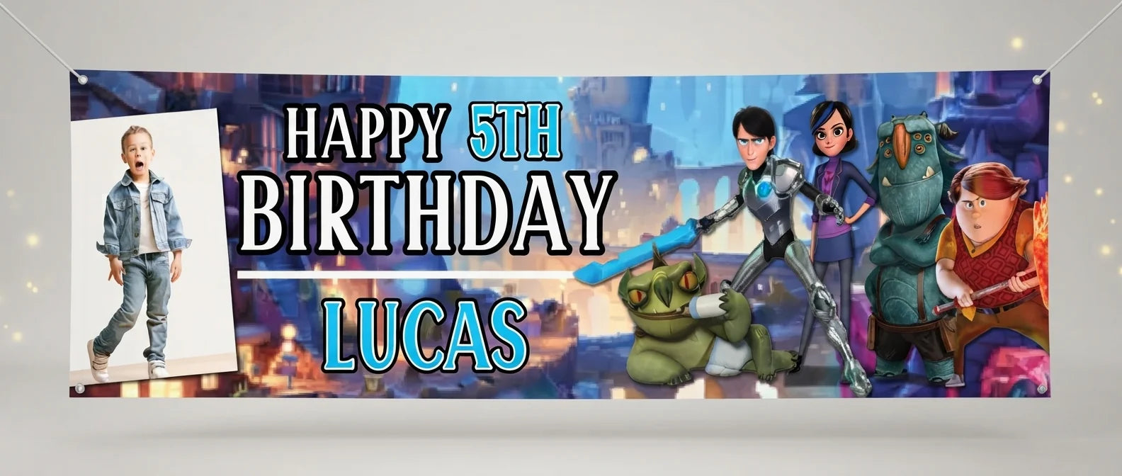 Personalised Troll Hunters Birthday Banner displayed against a plain studio background