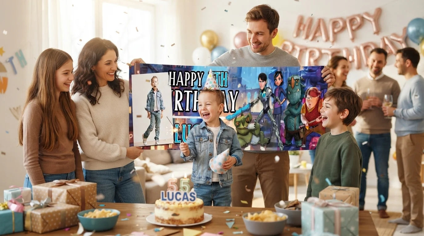 Friends and family celebrating with the personalised Troll Hunters Birthday Banner