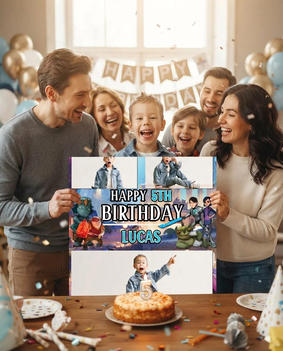 Friends and family celebrating with the personalised Troll Hunters Mega Card