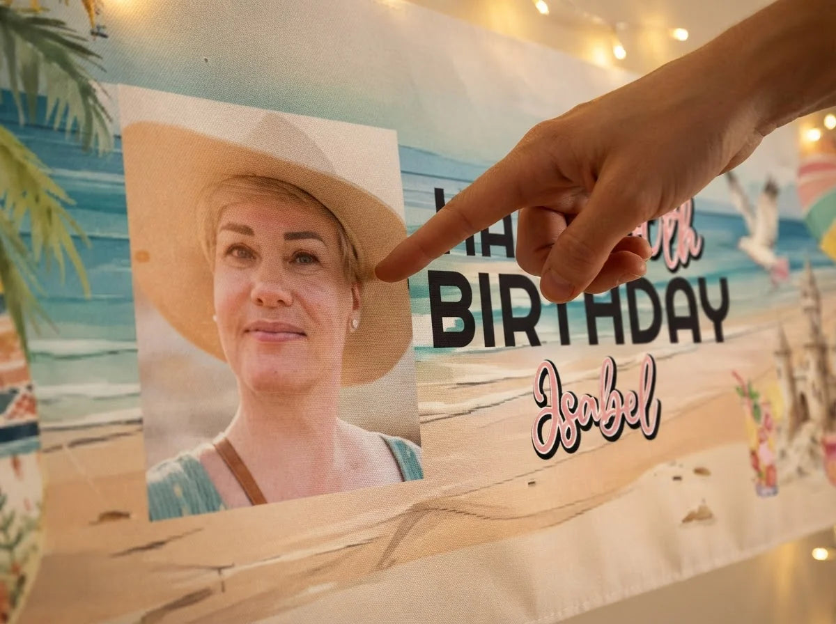 Close-up of the personalised name and photo printed on the Tropical Birthday Party Banner