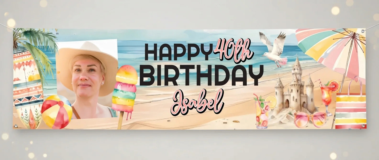 Personalised Tropical Birthday Party Banner displayed against a plain studio background