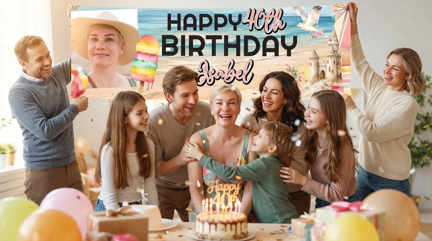 Friends and family celebrating with the personalised Tropical Birthday Party Banner