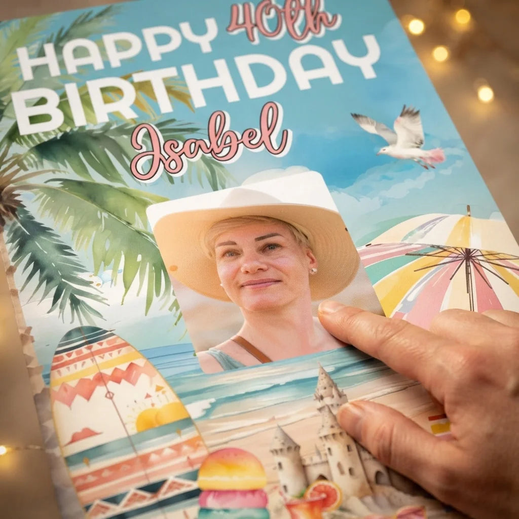 Close-up of the personalised name and photo printed on the Tropical Birthday Party Mega Card