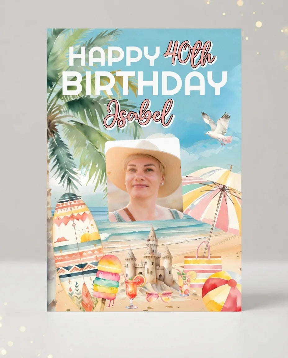 Personalised Tropical Birthday Party Mega Card displayed against a plain studio background
