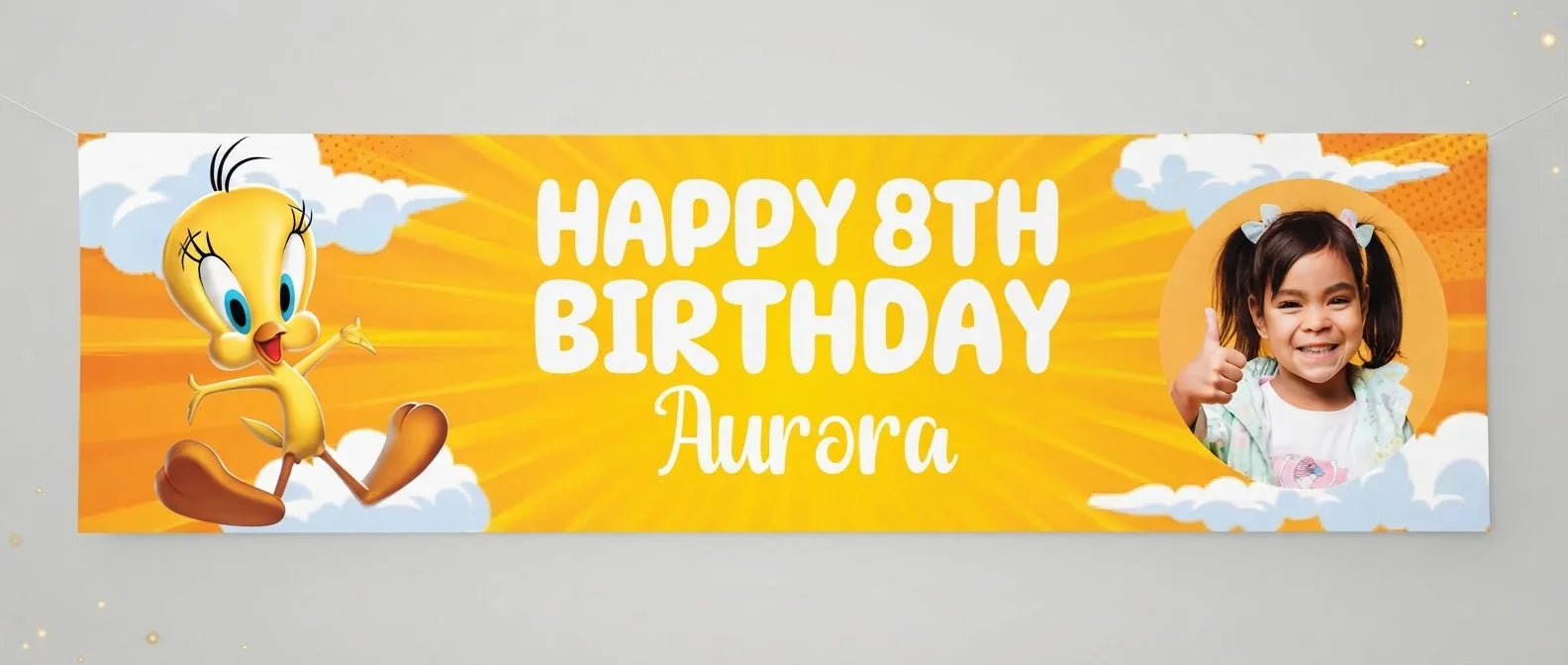 Personalised Tweety Bird Birthday Banner displayed against a plain studio background