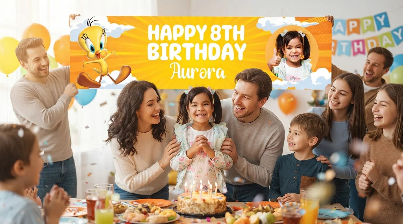 Friends and family celebrating with the personalised Tweety Bird Birthday Banner