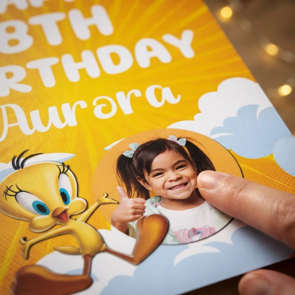Close-up of the personalised name and photo printed on the Tweety Mega Card