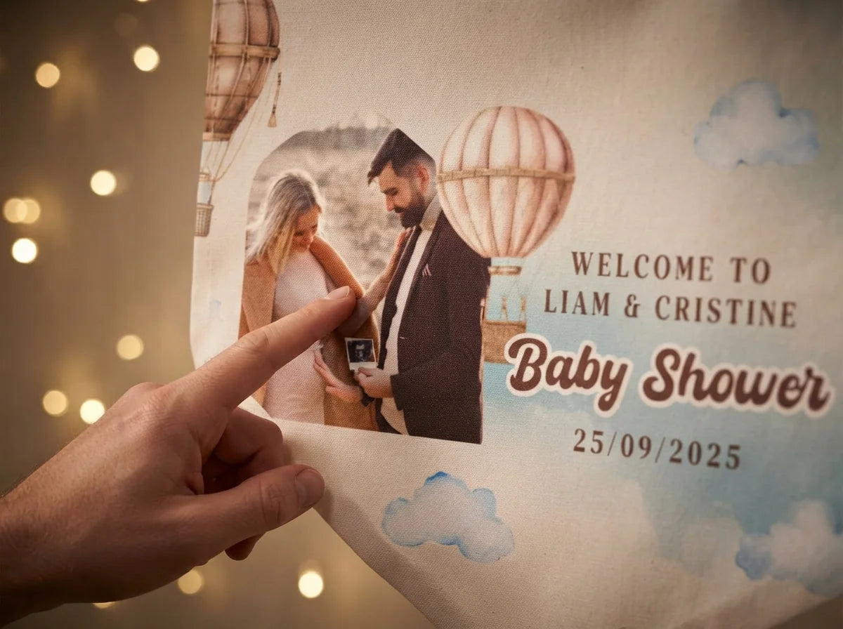 Close-up of the personalised name and photo printed on the Personalised Baby Shower Banner with Hot Air Balloon Theme