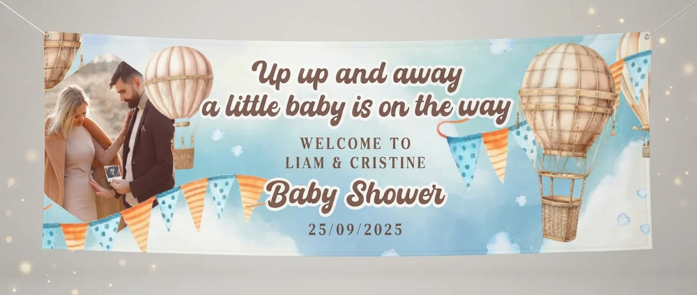 Personalised Baby Shower Banner with Hot Air Balloon Theme displayed against a plain studio background