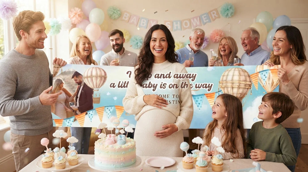 Friends and family celebrating with the Personalised Baby Shower Banner with Hot Air Balloon Theme