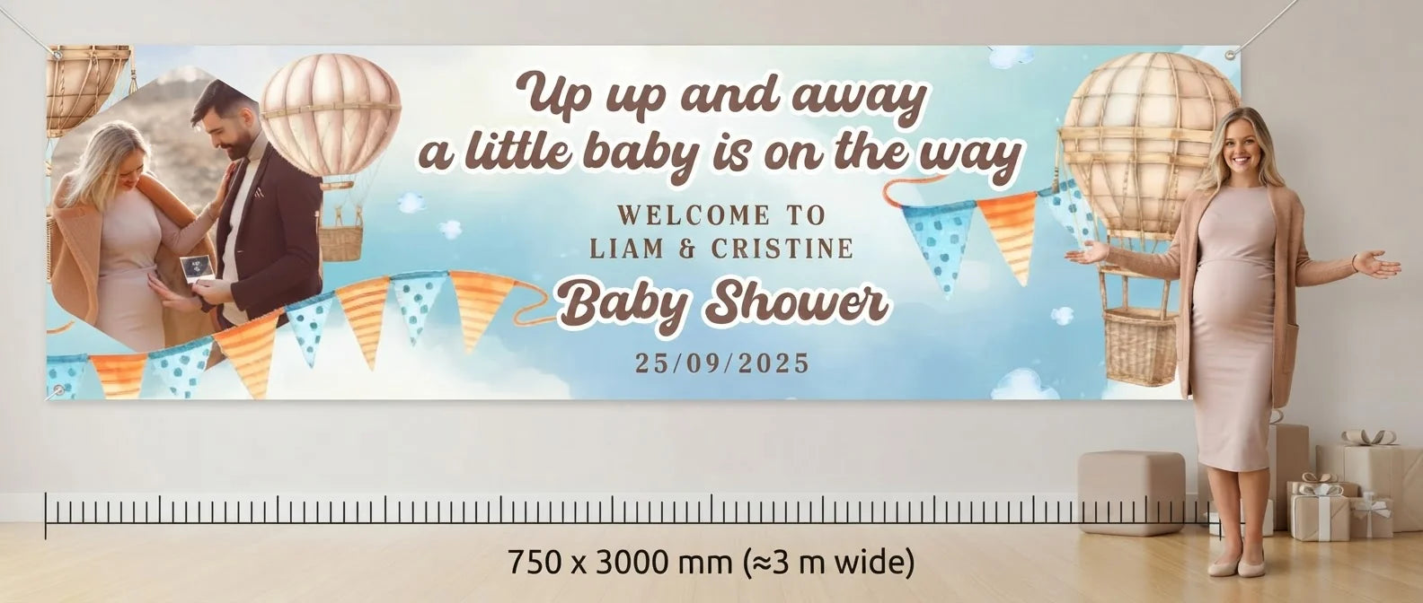 Person standing beside the Personalised Baby Shower Banner with Hot Air Balloon Theme for scale, with size guide showing 750 x 3000 mm
