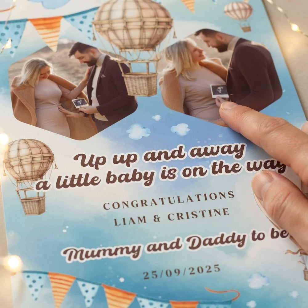 Close-up of the personalised name and photo printed on the Up Up and Away Baby Shower Mega Card