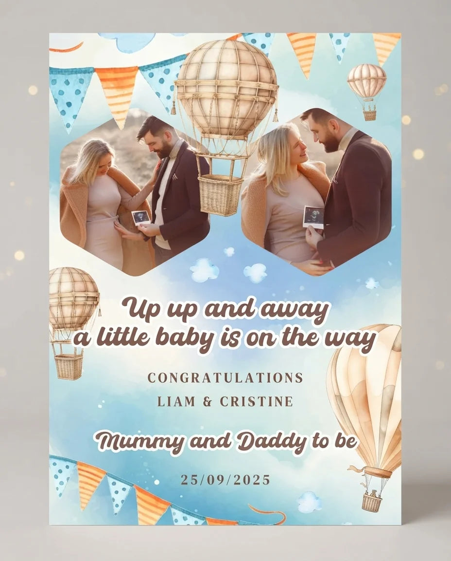 Personalised Up Up and Away Baby Shower Mega Card displayed against a plain studio background