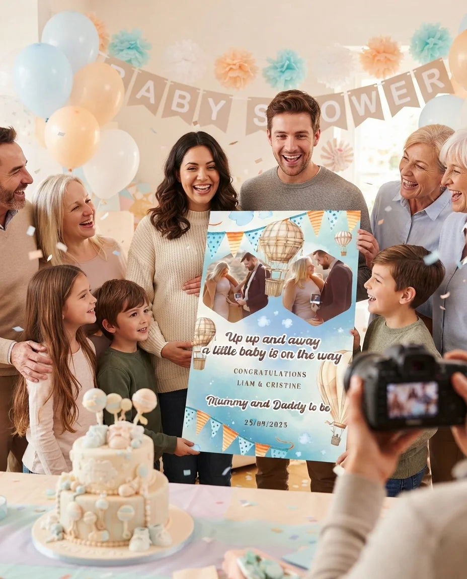 Friends and family celebrating with the personalised Up Up and Away Baby Shower Mega Card