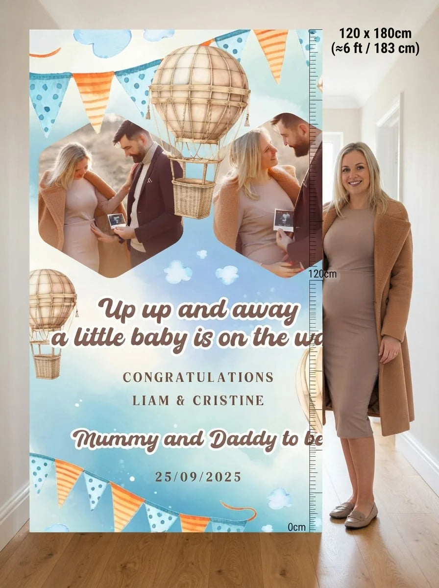 Person standing beside the Up Up and Away Baby Shower Mega Card for scale in a size guide