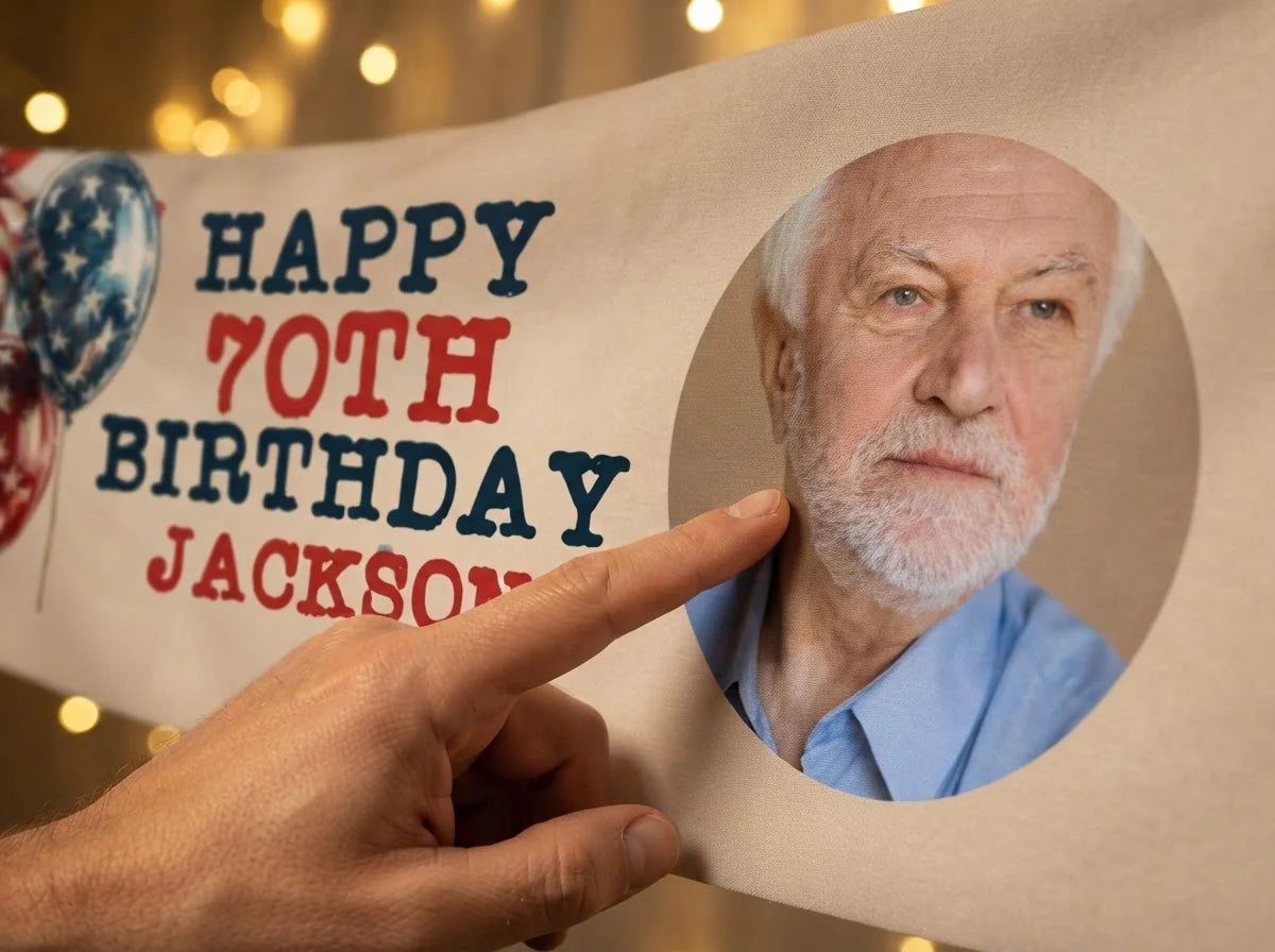 Close-up of the personalised name and photo printed on the Veterans Day Birthday Party Banner