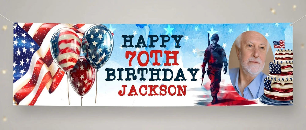 Personalised Veterans Day Birthday Party Banner displayed against a plain studio background