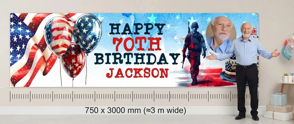 Person standing beside the Veterans Day Birthday Party Banner for scale, with size guide showing 750 x 3000 mm