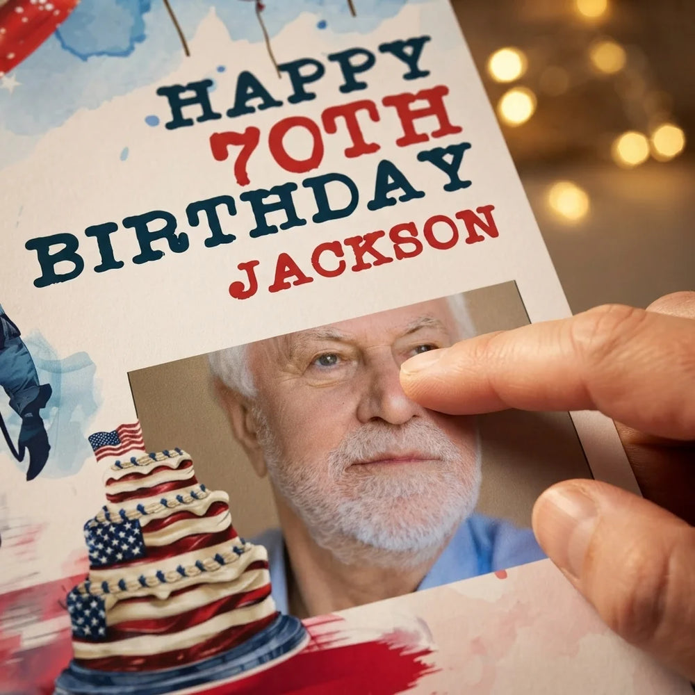Close-up of the personalised name and photo printed on the Veterans Day Birthday Party Mega Card
