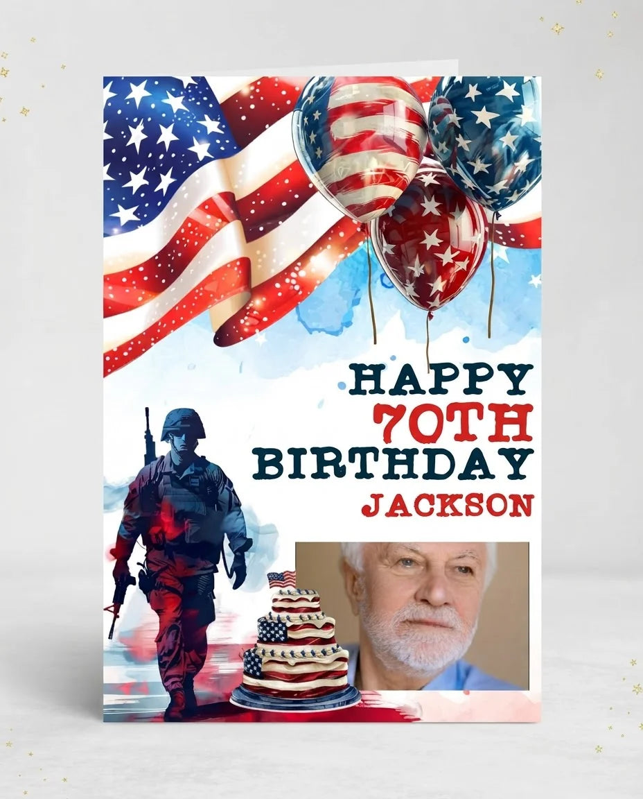 Personalised Veterans Day Birthday Party Mega Card displayed against a plain studio background