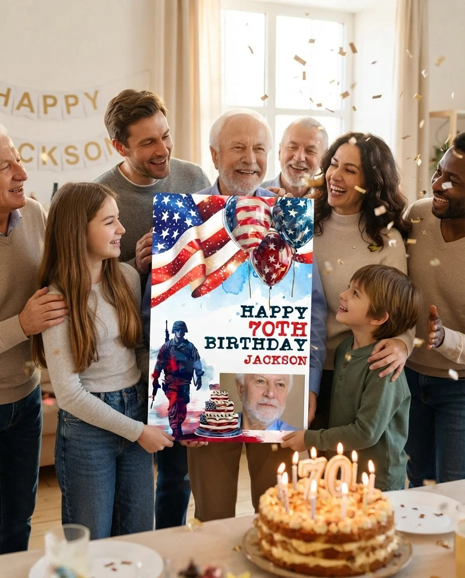 Friends and family celebrating with the personalised Veterans Day Birthday Party Mega Card